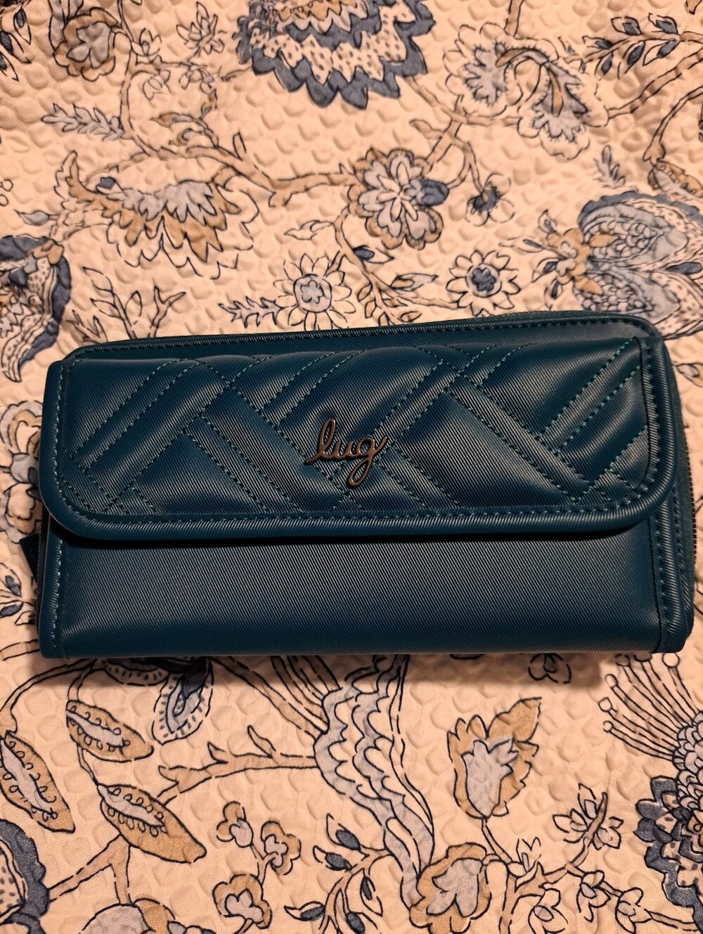 Lug Kickflip Quilted Teal Wallet with Metal Logo In Satin Luxe